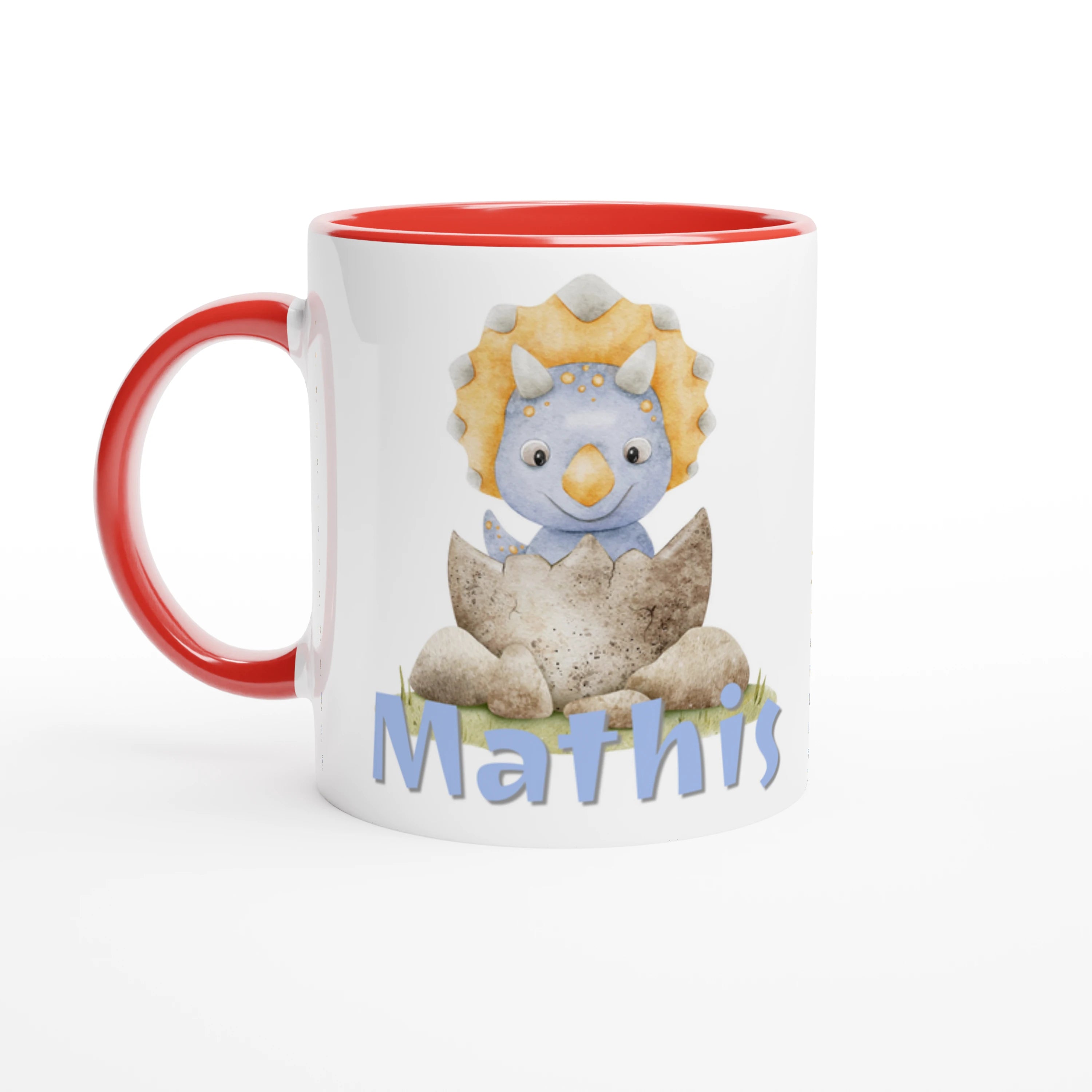 Mug avec motif bébé dinosaure et prénom personnalisé, intérieur rouge, parfait comme cadeau.