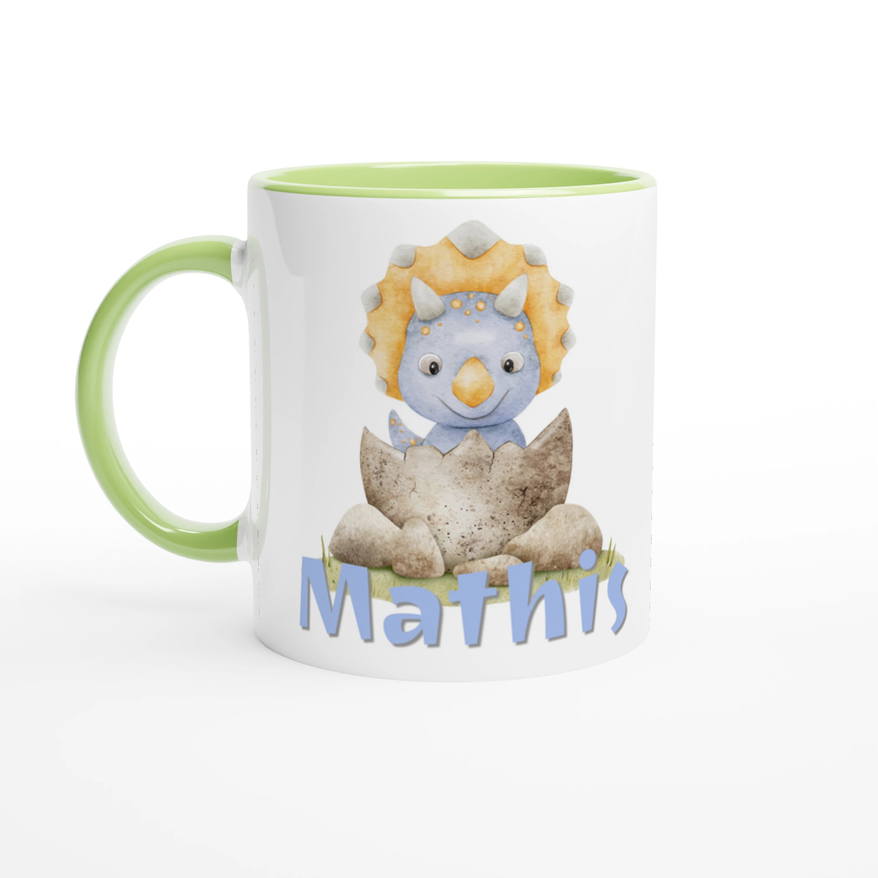 Mug avec bébé dinosaure triceratops et prénom, intérieur vert, cadeau unique pour enfant fan de dinosaures.