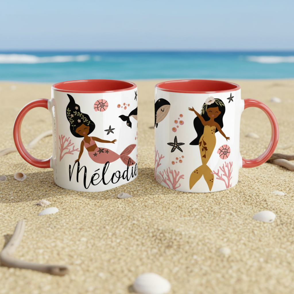 Détail de l’illustration sirène sur mug en céramique