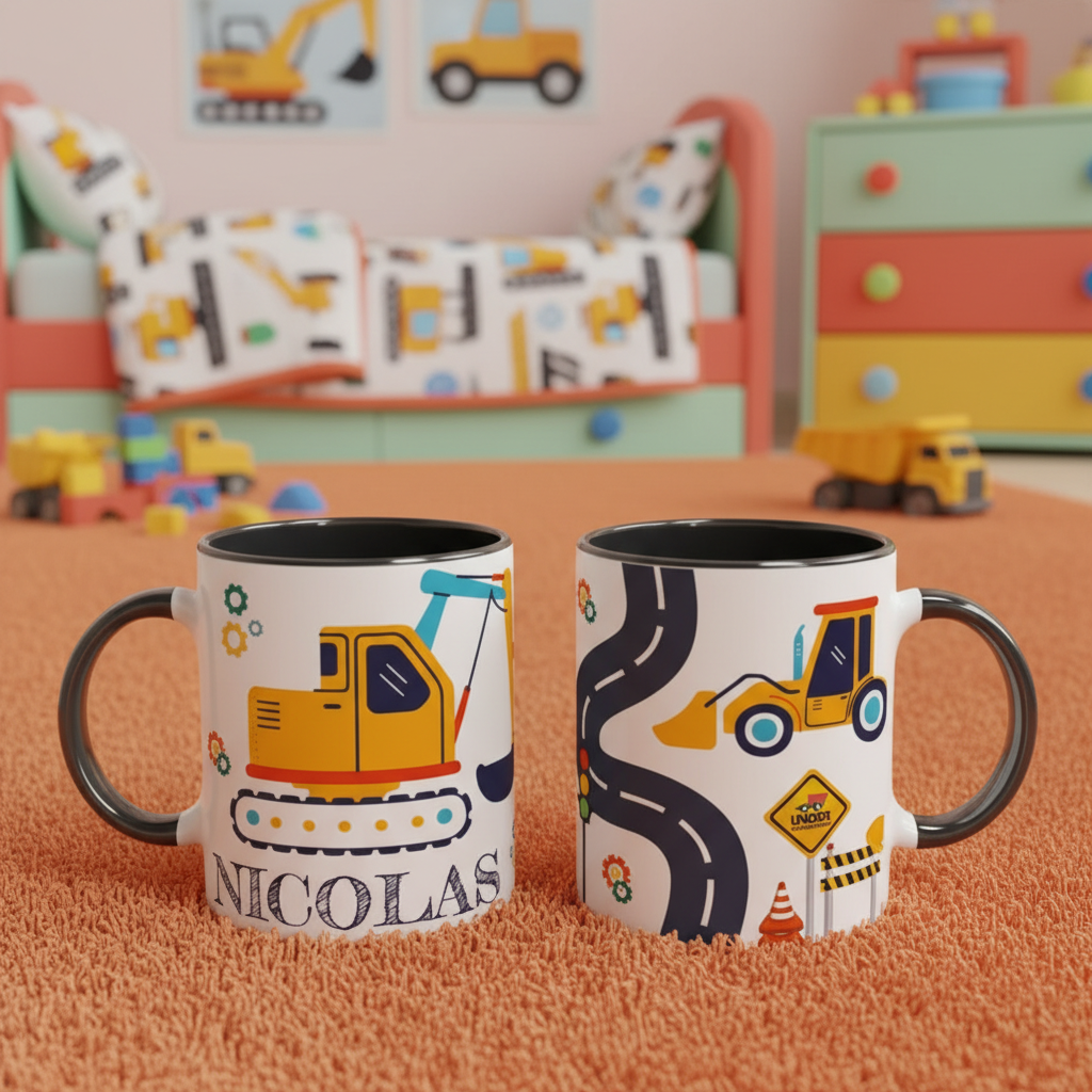 Mug enfant thème chantier avec poignée foncée et illustrations travaux