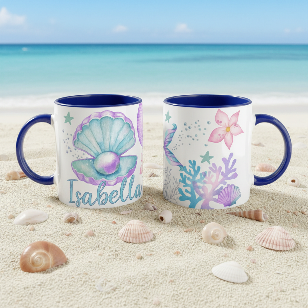 Ensemble de mugs personnalisés décor marin présentés sur sable