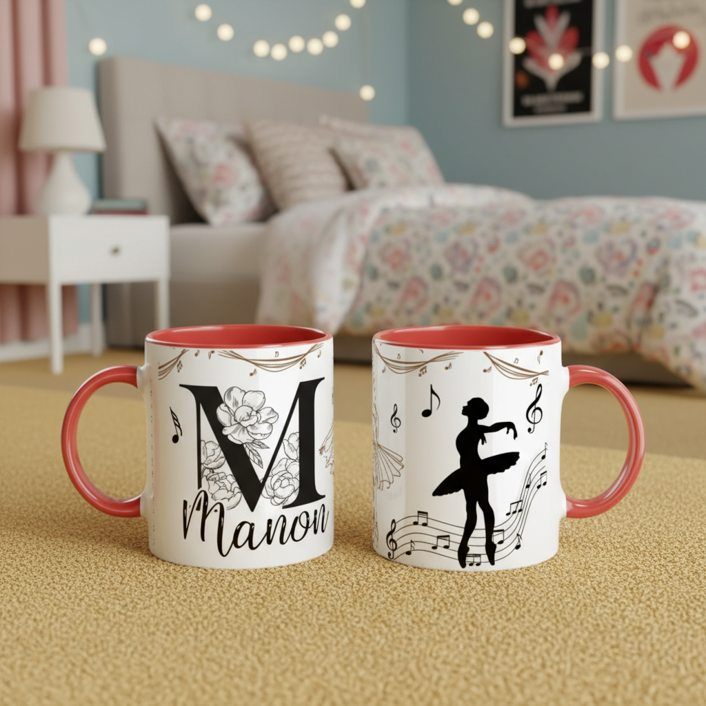 mug en céramique personnalisé thème danse classique avec silhouette de ballerine et décor musical posé dans une chambre enfant