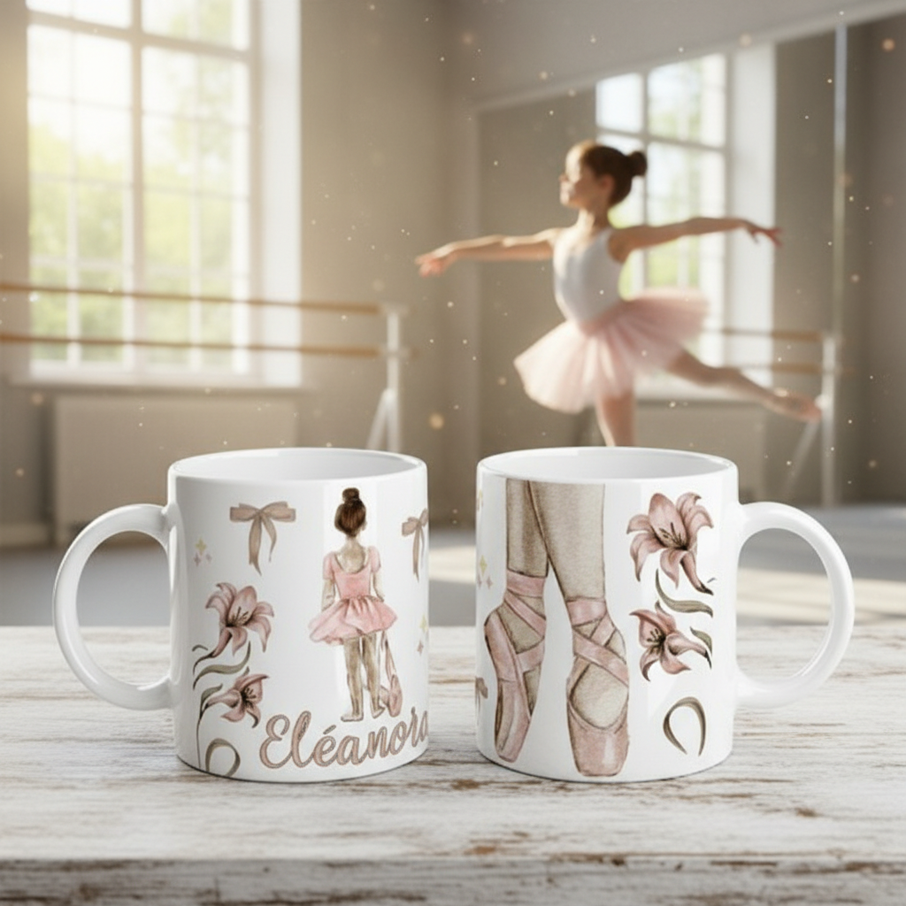 Mug danse classique personnalisé avec illustration de ballerine, chaussons de ballet et motifs floraux élégants, posé dans un studio de danse lumineux