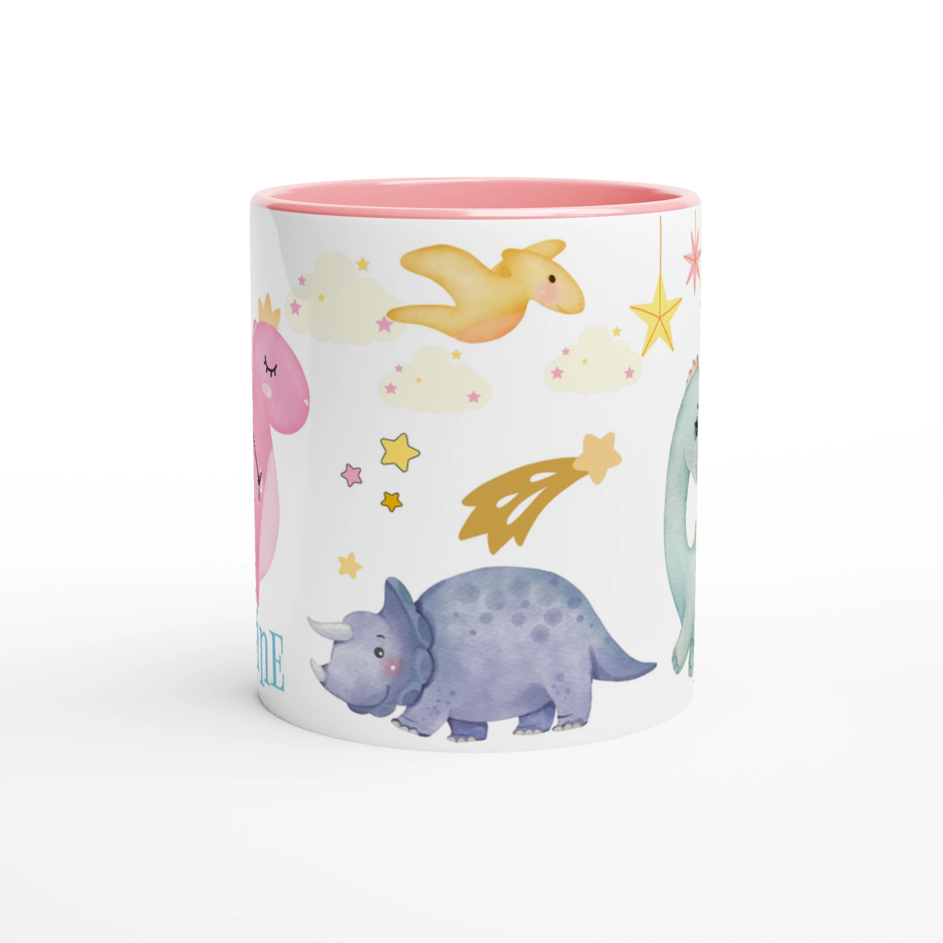 Mug dinosaure avec ballons et prénom personnalisé, intérieur rose, parfait comme cadeau mignon pour enfant.