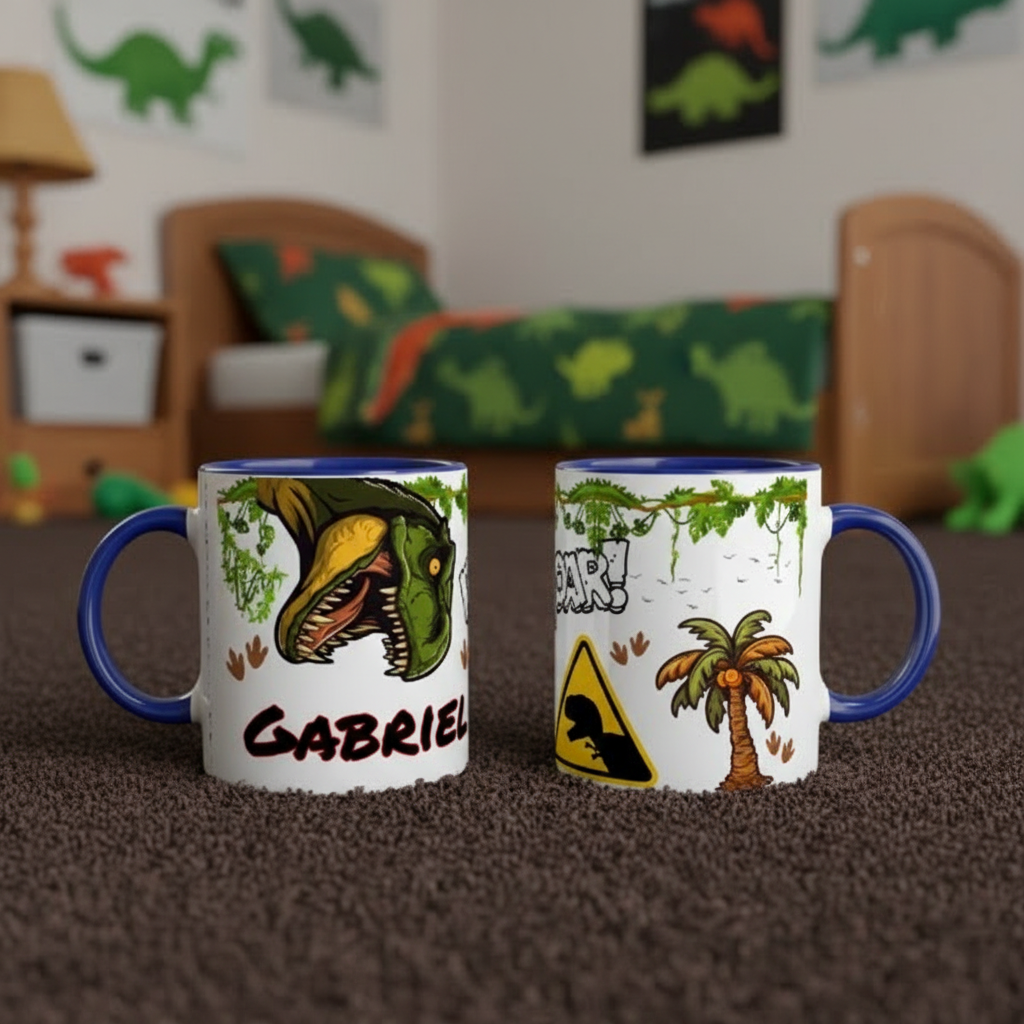 Mug enfant dinosaure avec anse bleue posé sur tapis devant lit à thème dinosaures