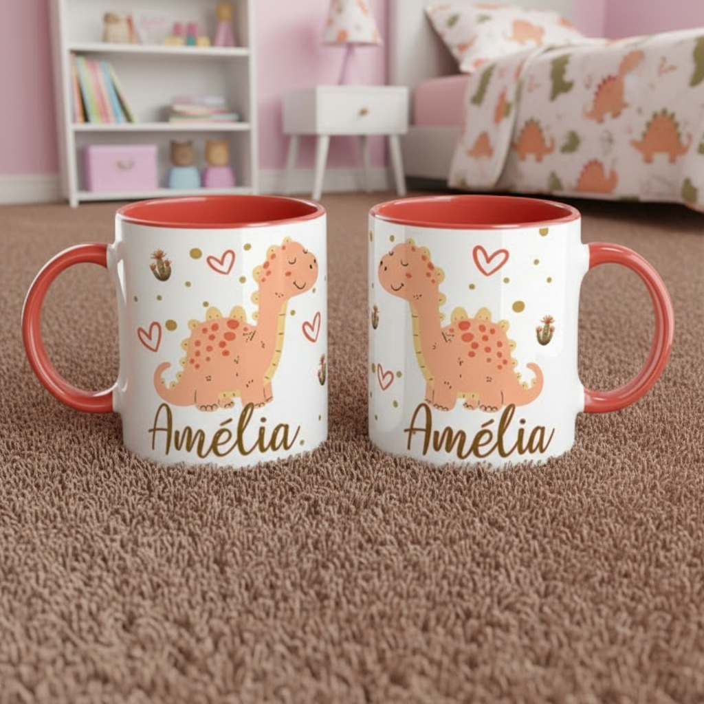 Mug dinosaure pour enfant utilisé comme idée cadeau personnalisé dans une chambre décorée pour enfant
