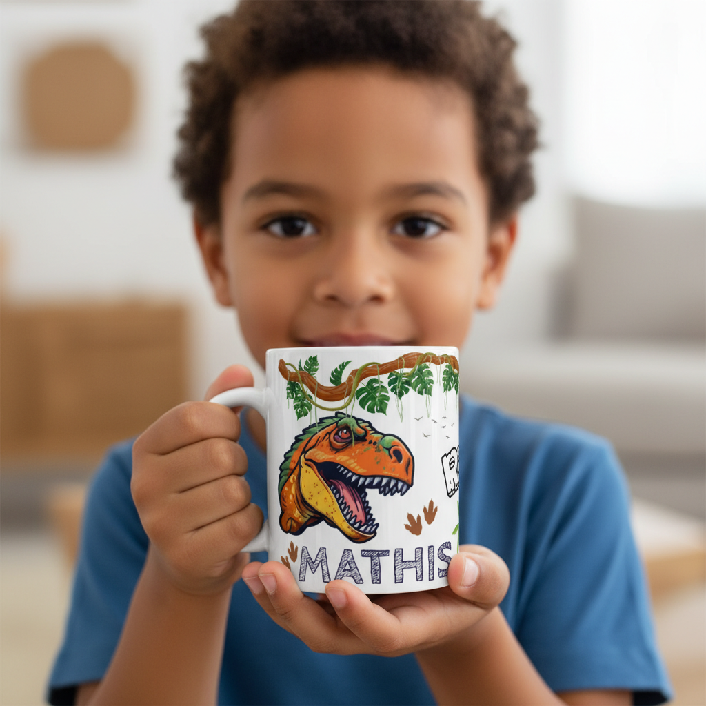 mug enfant dinosaure personnalisé vu sous un autre angle avec décor jungle