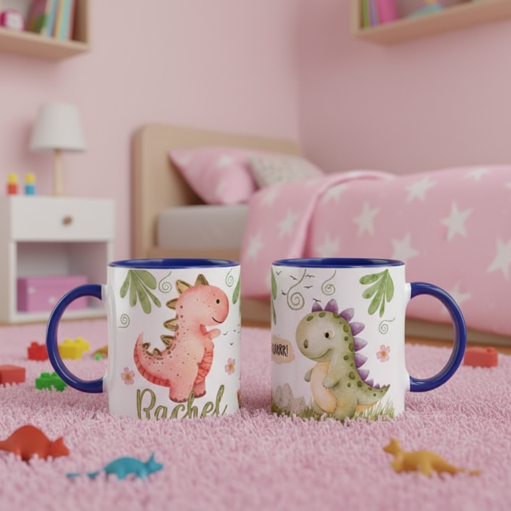 Mug enfant dinosaure avec intérieur bleu posé dans une chambre enfant décorée