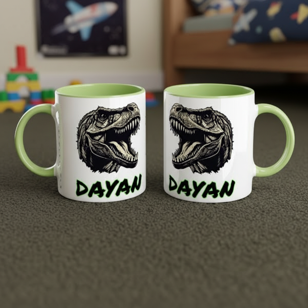 mug enfant dinosaure T-Rex mis en scène dans un décor jungle ludique