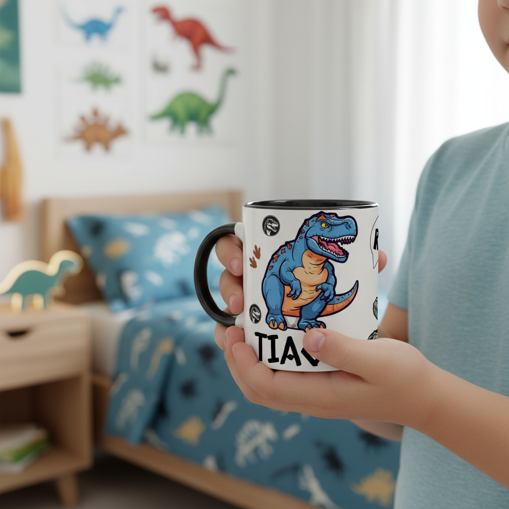 Mug enfant dinosaure personnalisé tenu par un enfant dans une chambre décorée avec literie et jouets dinosaures