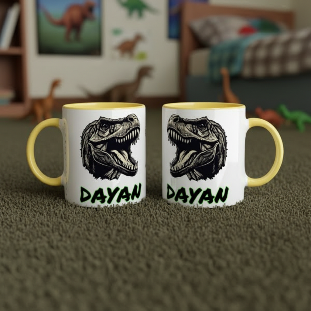 tasse enfant dinosaure T-Rex avec intérieur jaune dans un univers décoratif dinosaure
