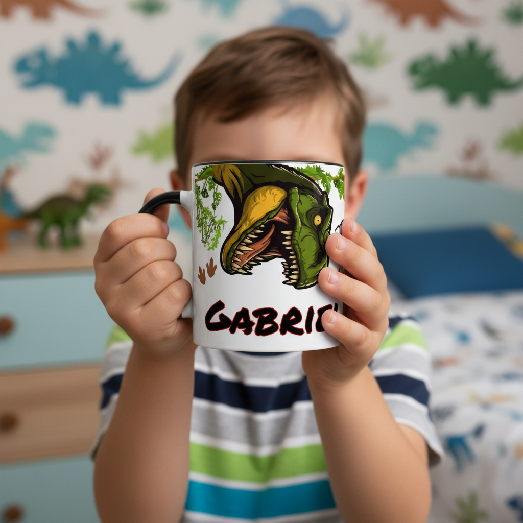 Mug dinosaure enfant tenu à deux mains dans une chambre à thème dinosaures