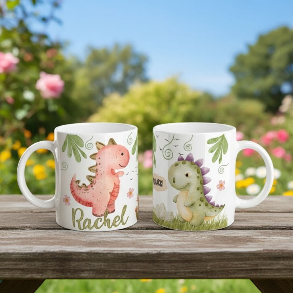 mugs enfants avec illustrations de dinosaures posés sur une table
