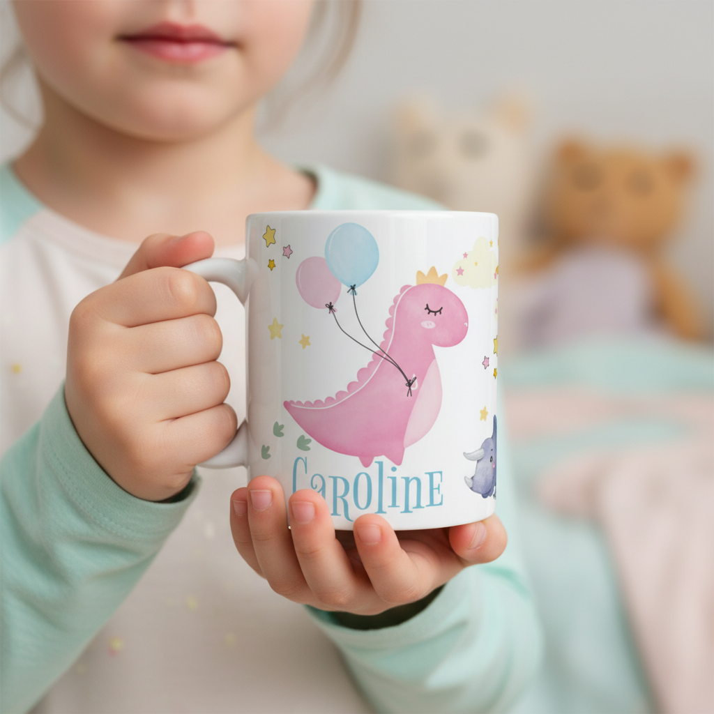 Mug enfant dinosaure illustré tenu par un enfant à l’intérieur