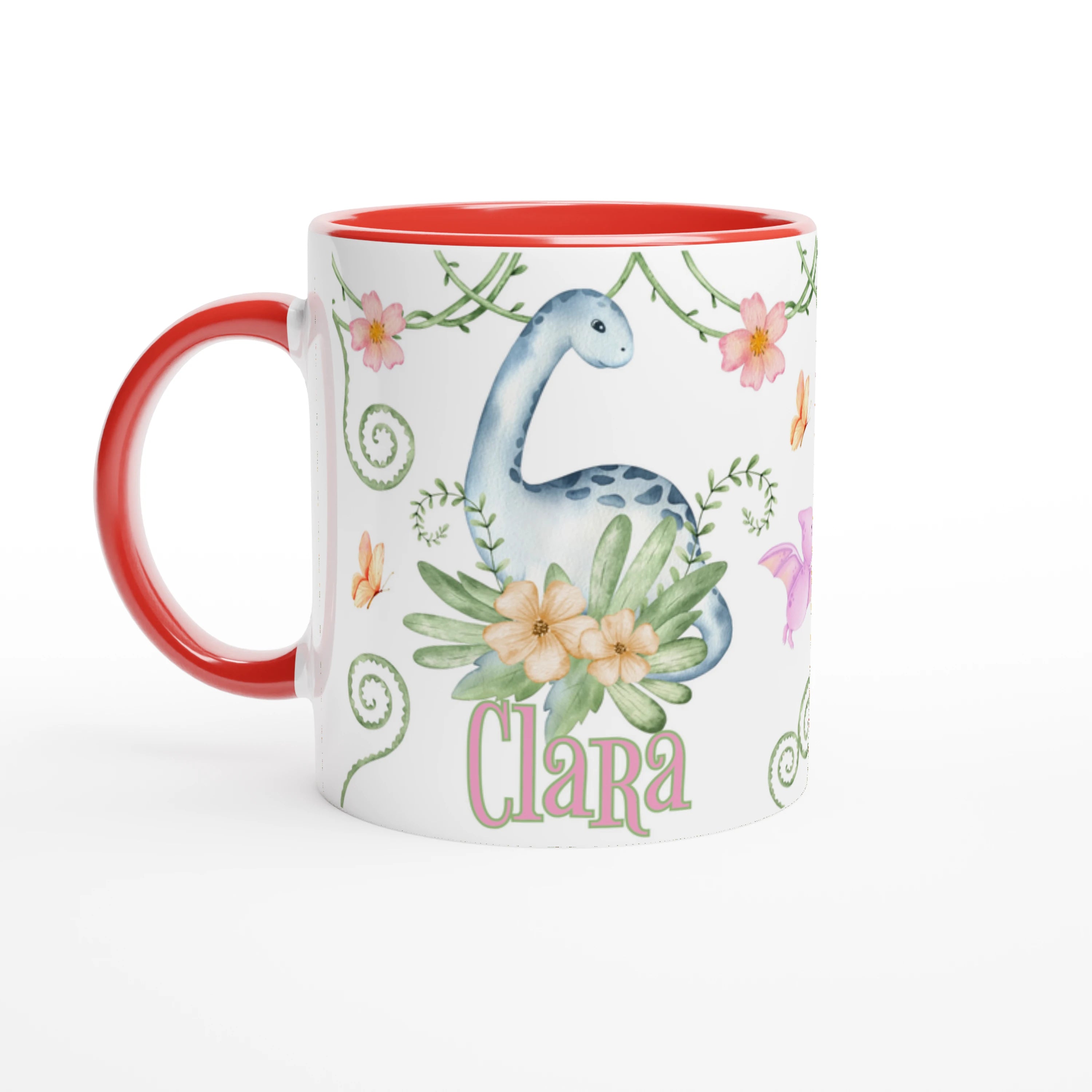 Mug dinosaure personnalisé avec prénom, intérieur rouge, design floral adorable pour les petits fans de dinosaures.