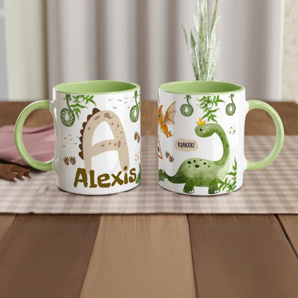 Mug avec initiale, prénom et motif dinosaure, intérieur vert, parfait pour un enfant fan de dinosaures

