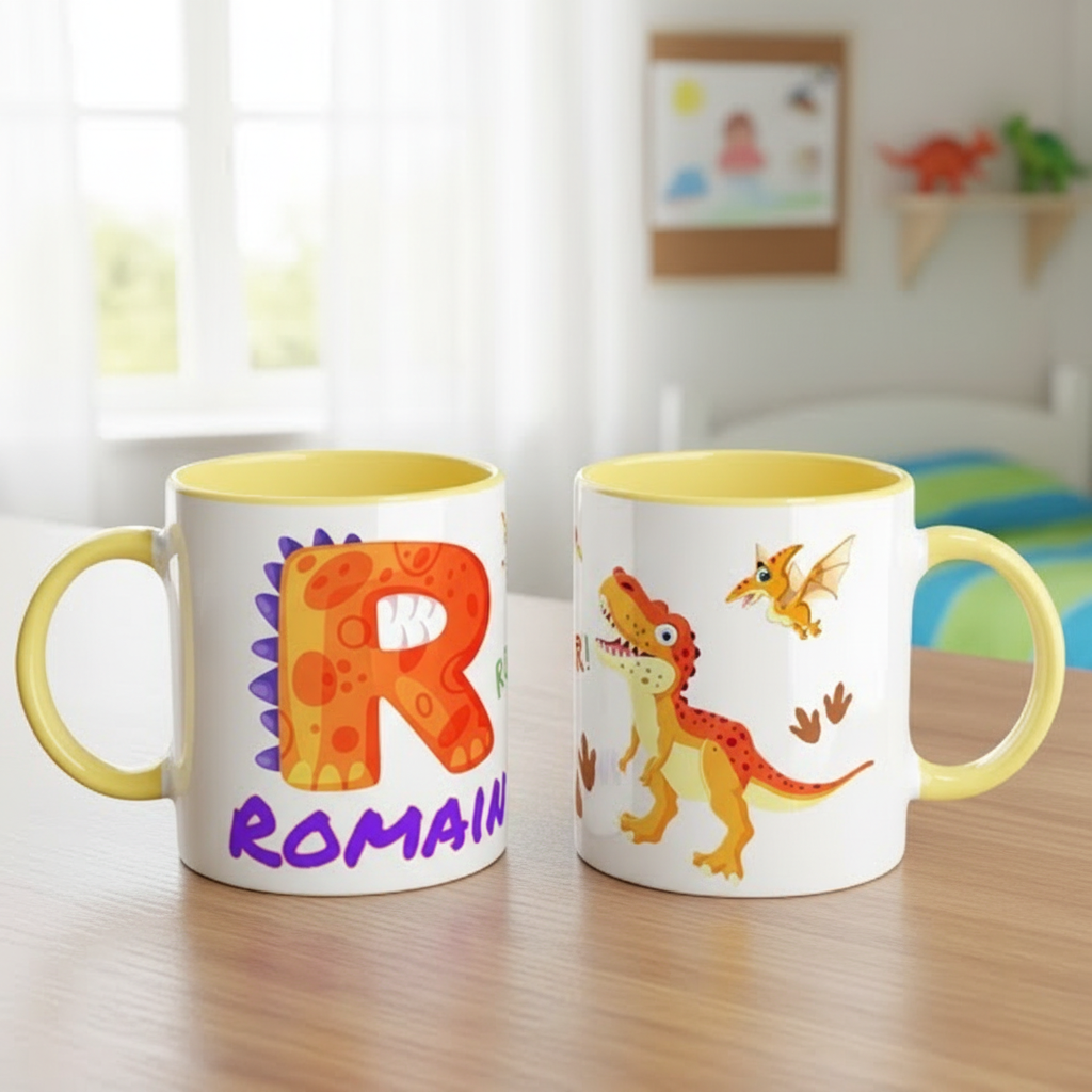 Mug enfant personnalisé avec illustration de dinosaure souriant et univers préhistorique, posé sur table en bois dans chambre enfant, cadeau original et pratique pour enfant.