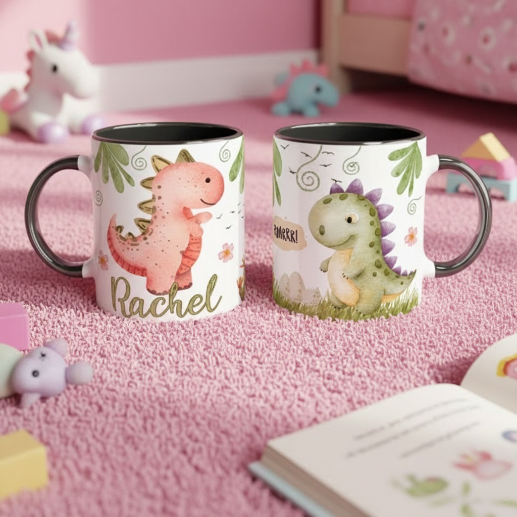 Mug dinosaure personnalisé pour enfant tenu à deux mains dans une chambre décorée avec jouets et linge de lit à motifs dinosaures