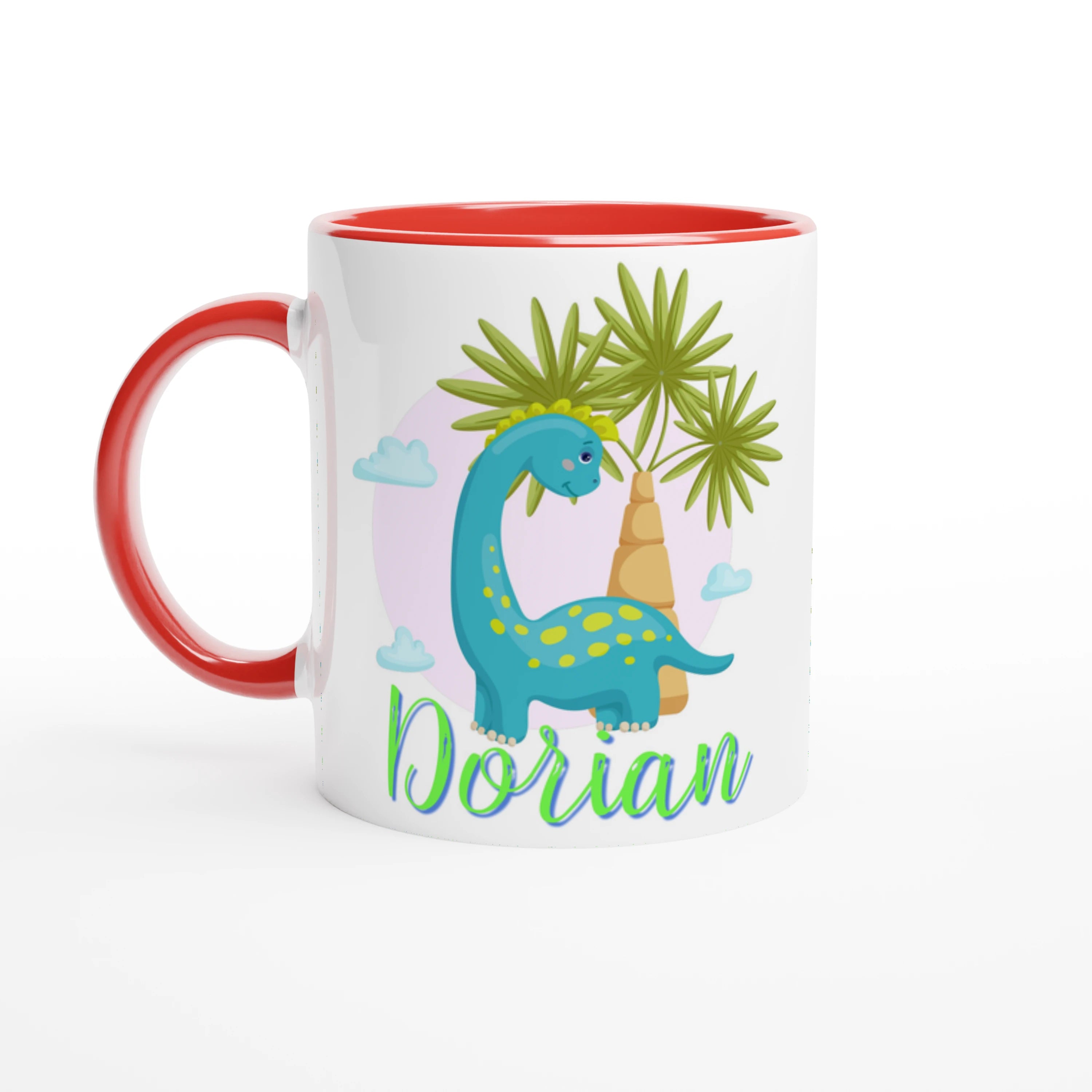 Mug dinosaure avec prénom, intérieur rouge, parfait comme cadeau unique pour un enfant passionné par les dinosaures.