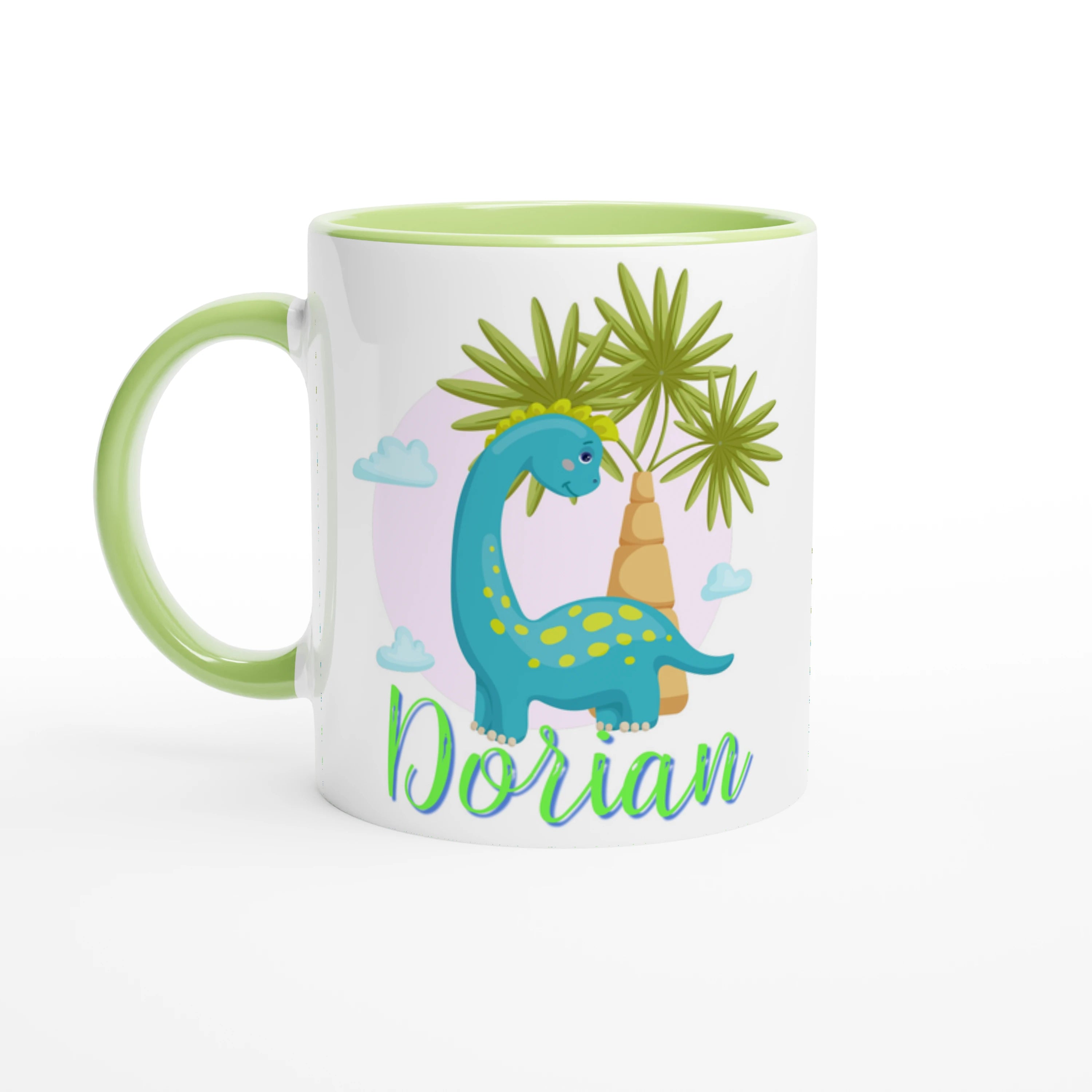 Mug dinosaure personnalisé avec prénom, intérieur vert, idéal pour un cadeau unique et ludique pour enfant