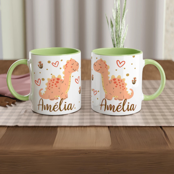 Mug personnalisé pour enfant avec motif dinosaure mignon, intérieur vert, idéal pour offrir.