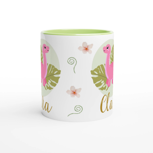 Mug dinosaure rose personnalisé avec prénom, intérieur vert, parfait comme cadeau pour enfant passionné de dinosaures.