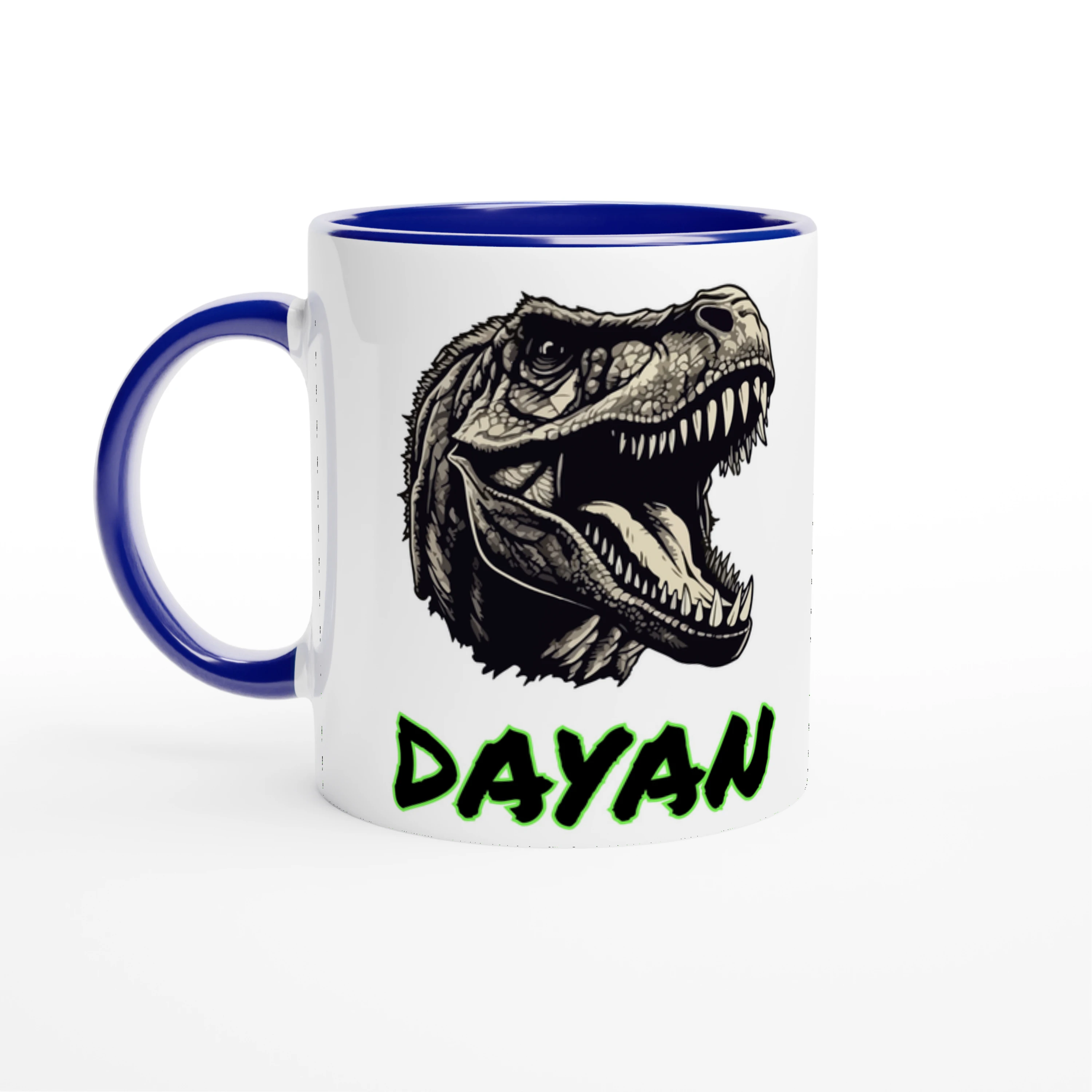 Tasse personnalisé avec motif T-Rex noir et prénom, intérieur et anse bleu, parfait pour les fans de dinosaures.