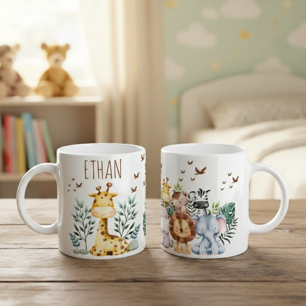 Mug enfant personnalisé avec illustrations d’animaux de la jungle, girafe, lion et éléphant, posé sur une table dans une chambre d’enfant