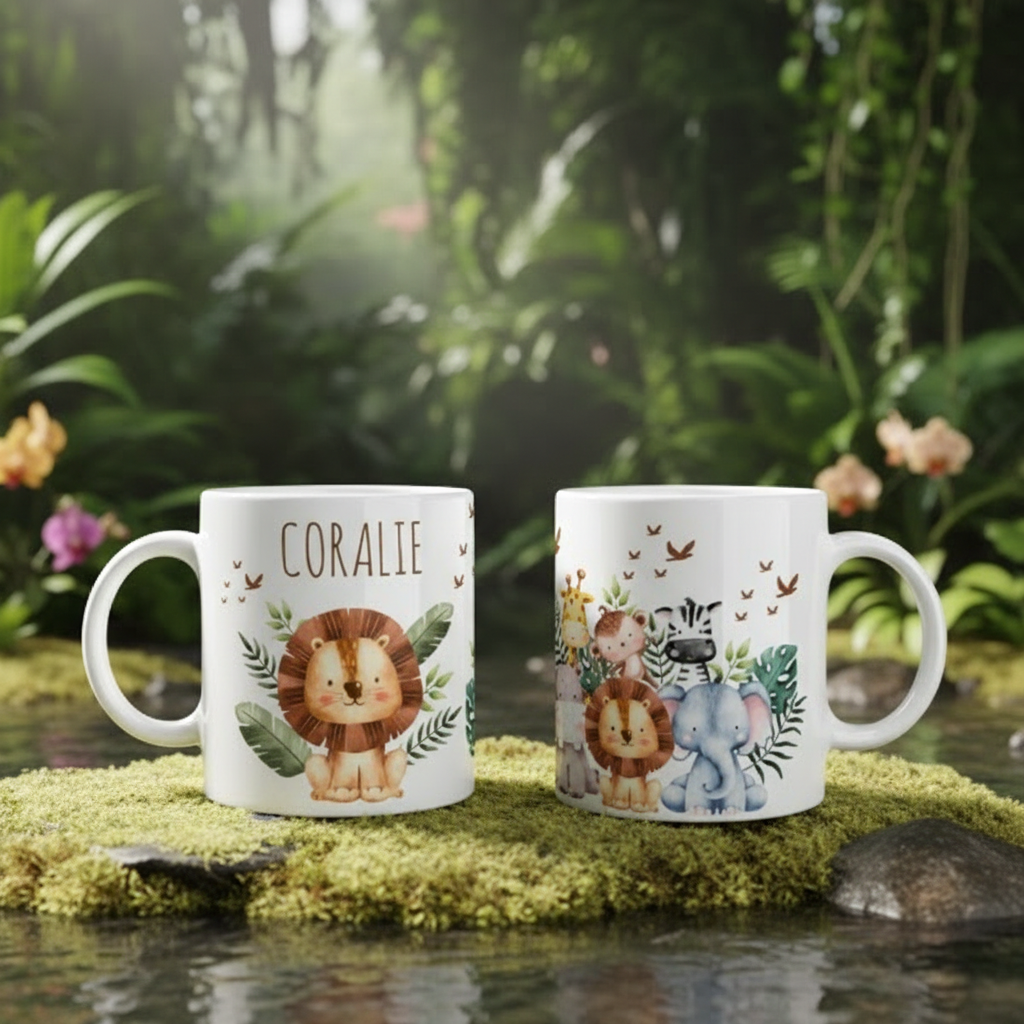 Mug enfant personnalisé avec animaux de la jungle illustrés, lion éléphant girafe et zèbre dans un décor naturel