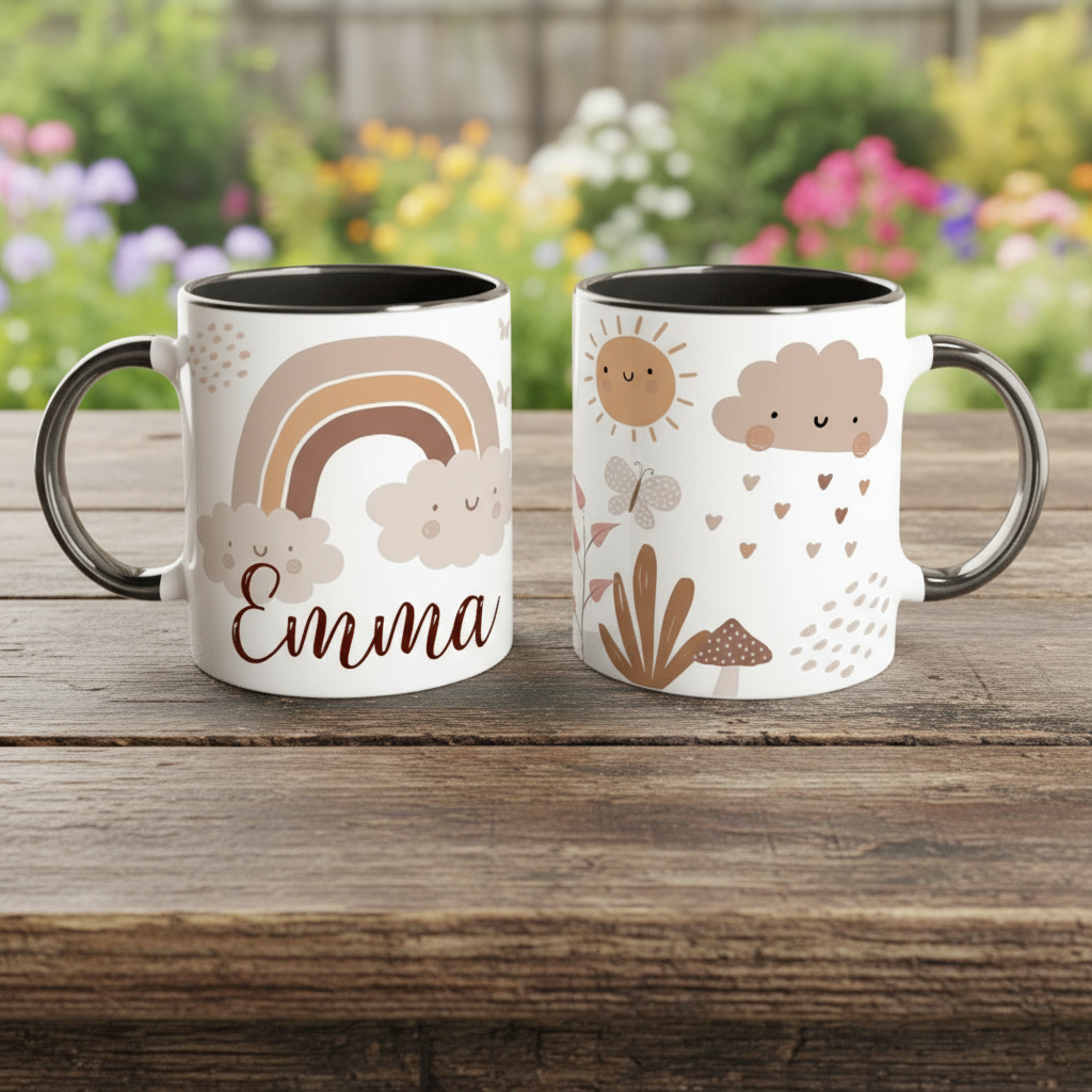 Mug enfant personnalisé arc-en-ciel avec décor naturel ambiance automnale