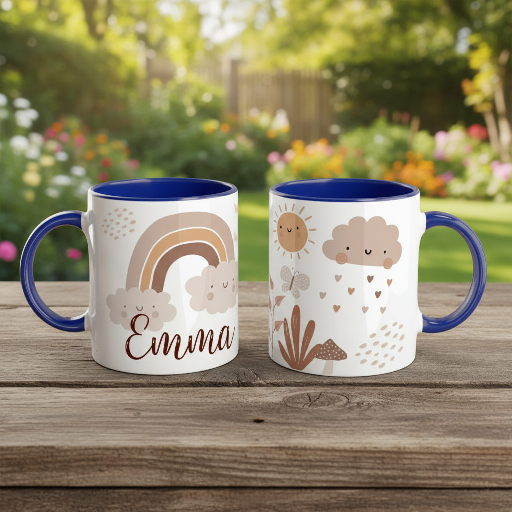 Mug enfant personnalisé arc-en-ciel aux couleurs douces dans un décor lumineux