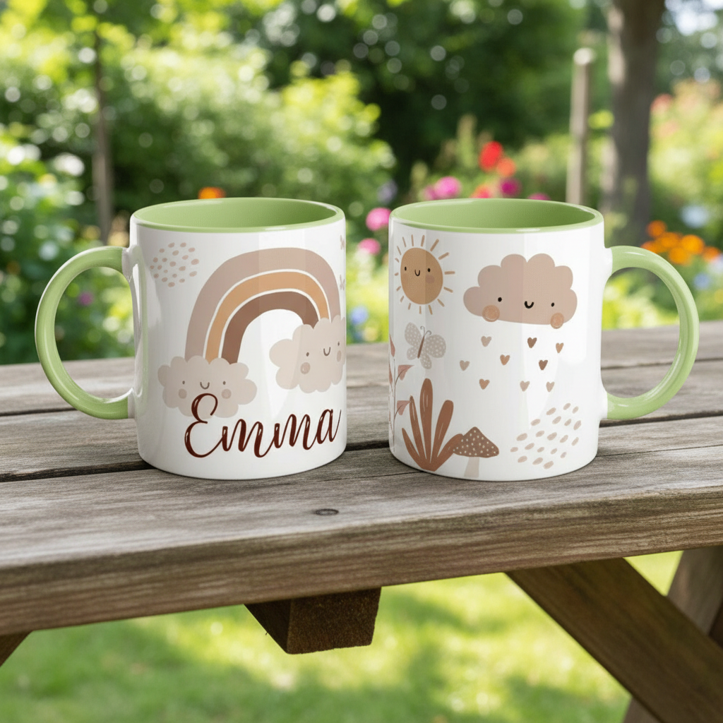 Mug personnalisé pour enfant avec motif arc-en-ciel et éléments naturels