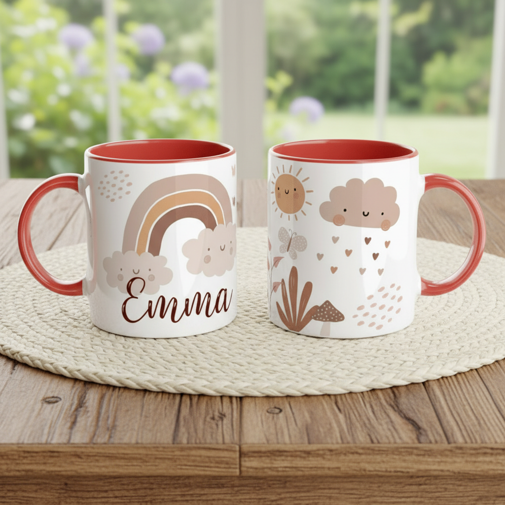 Mug personnalisé enfant avec illustration arc-en-ciel sur table en bois intérieur