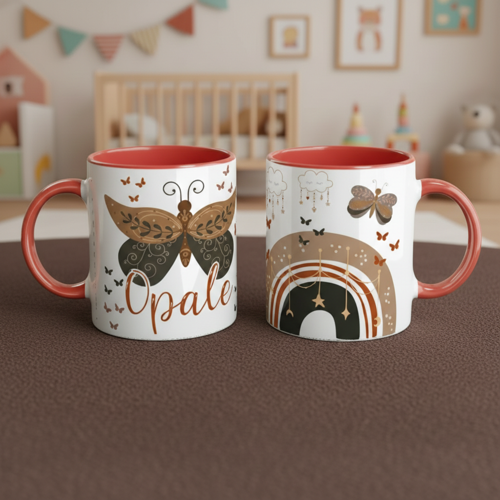 mug enfant personnalisé avec arc-en-ciel décoratif et éléments suspendus