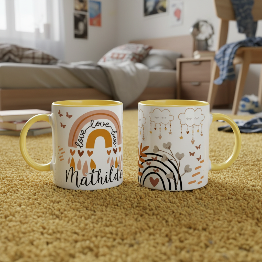 Mug enfant arc-en-ciel avec poignée colorée et design illustré