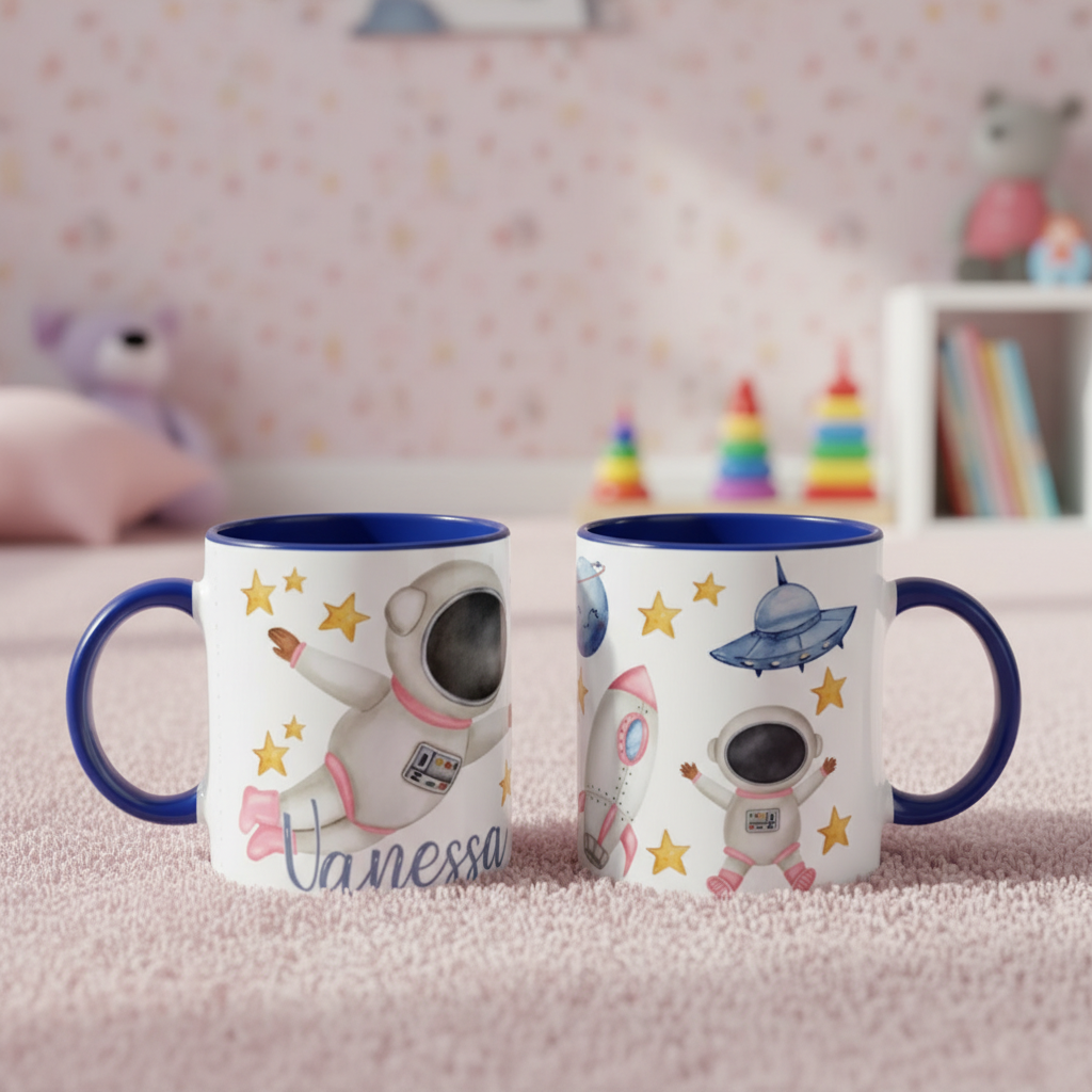 Mug enfant personnalisé thème espace avec intérieur bleu