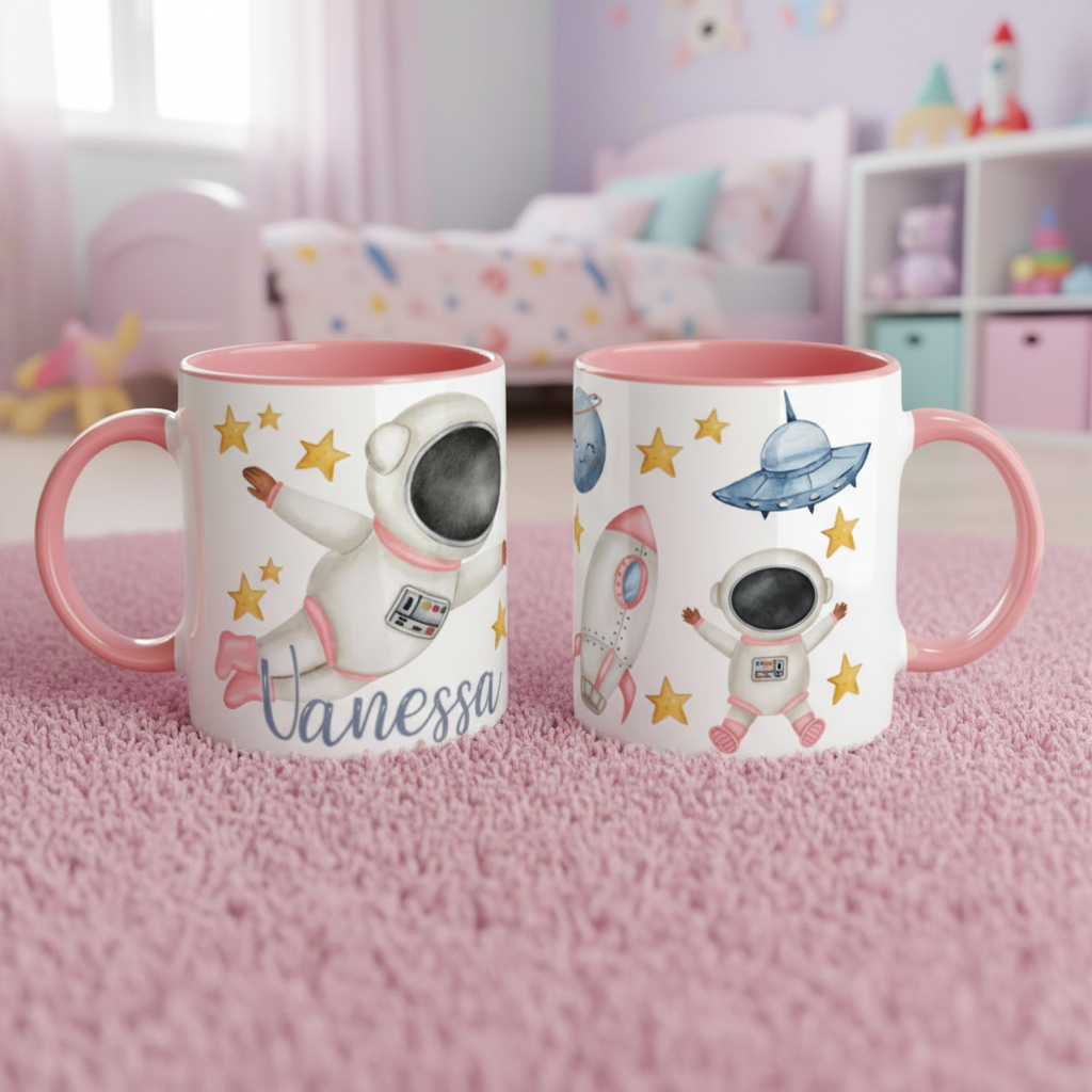 Mug enfant personnalisé thème astronaute et espace avec intérieur rose