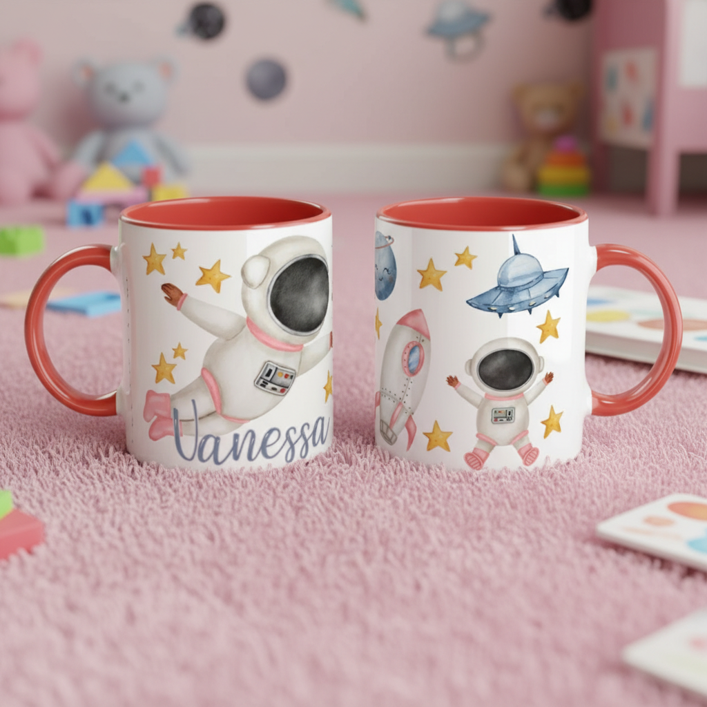Mug enfant personnalisé astronaute avec intérieur rouge sur tapis enfant