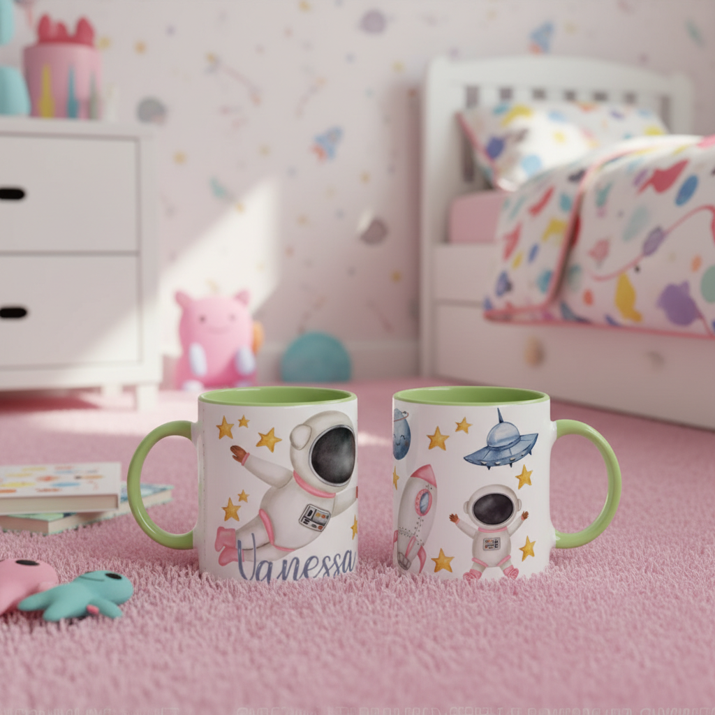 Mug enfant personnalisé astronaute avec intérieur vert dans chambre enfant