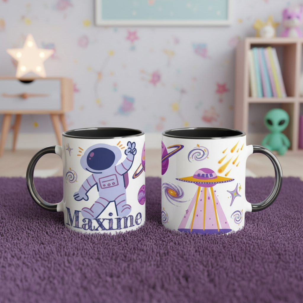 Mug enfant décoré d’un astronaute, d’une fusée et de planètes