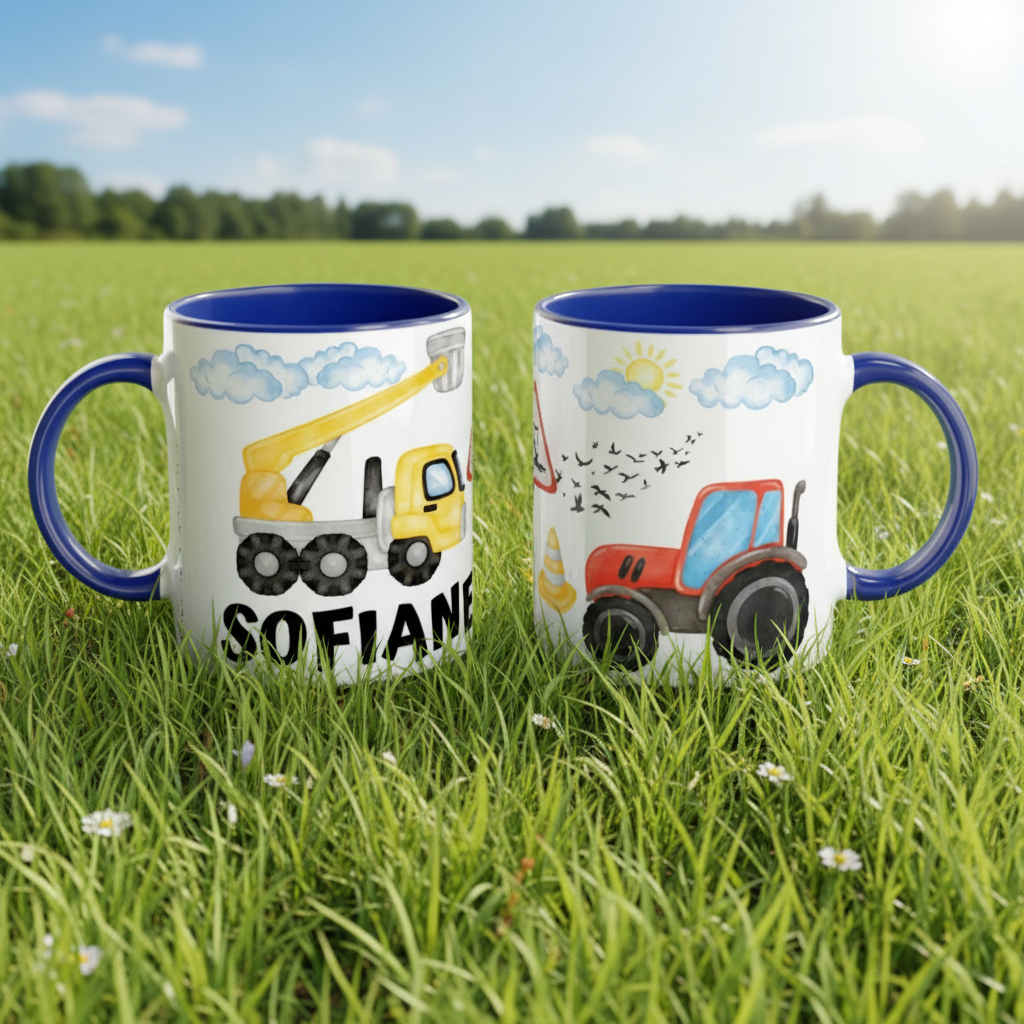 Mug enfant engins de chantier avec poignée bleue et illustrations travaux