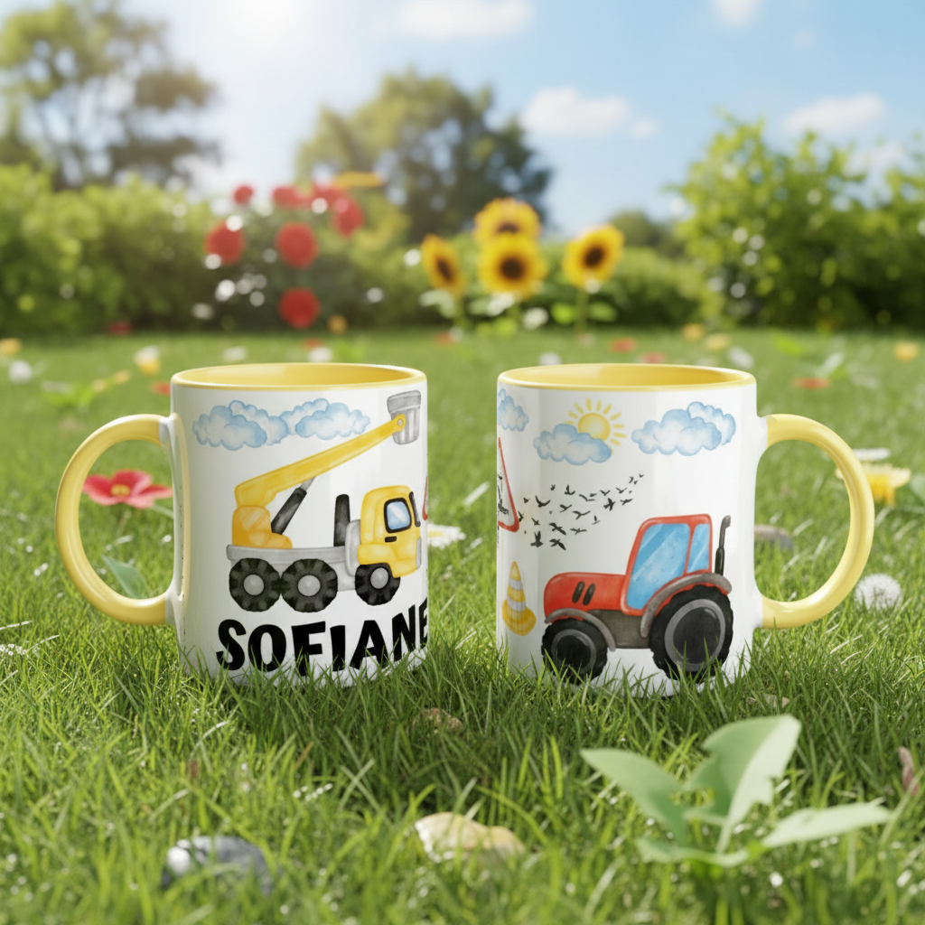Tasse enfant personnalisée engins de chantier avec poignée jaune