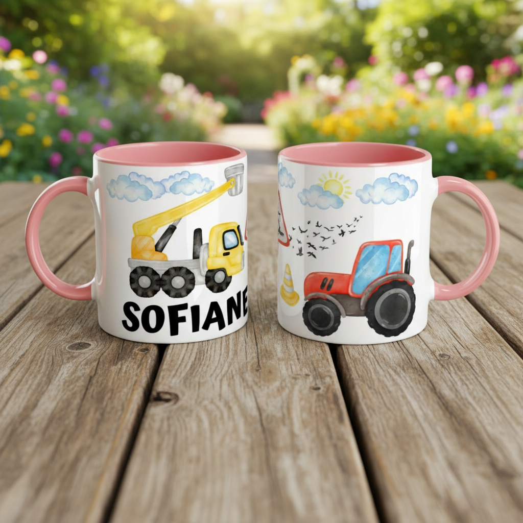 Mug enfant thème chantier avec illustrations de véhicules et poignée rose