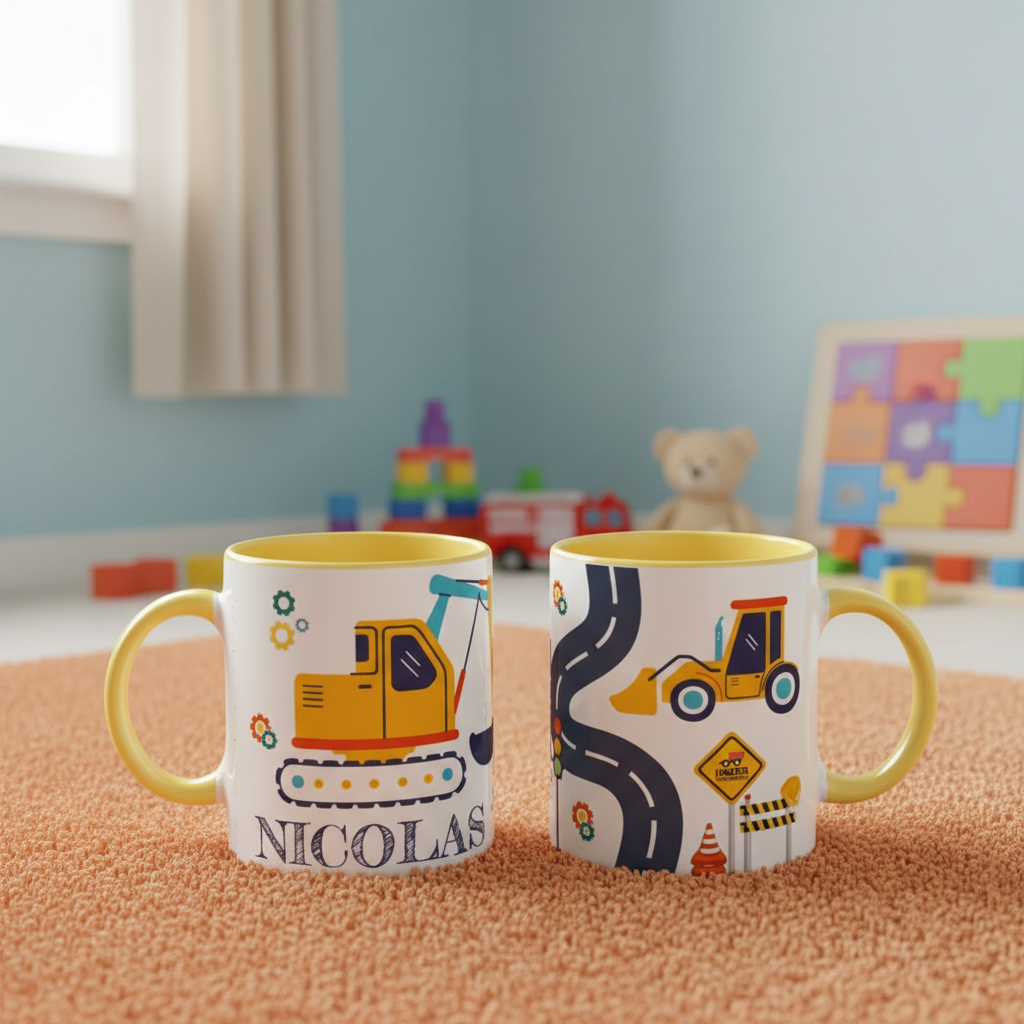 Mug enfant personnalisé avec engins de chantier posé sur tapis de jeux