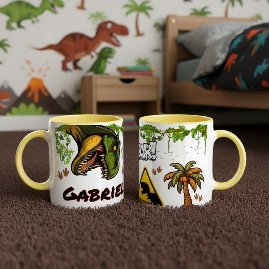 Mug enfant thème dinosaure avec anse jaune dans une chambre décorée préhistoire