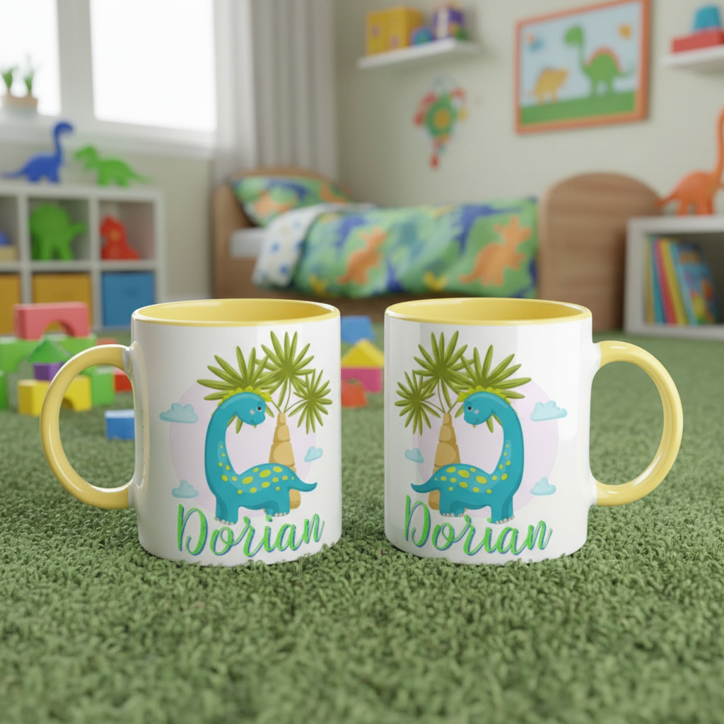 Deux mugs enfant dinosaure personnalisables dans une chambre décorée pour enfant