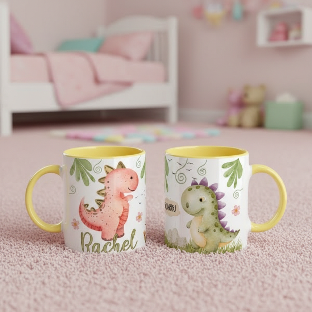 Mug enfant dinosaure avec intérieur jaune posé dans une chambre enfant à thème ludique