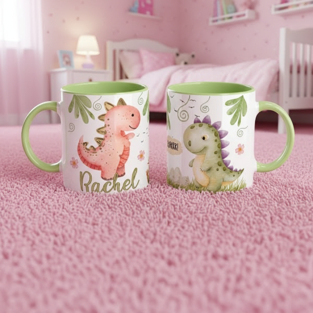 Mug enfant dinosaure avec intérieur vert sur tapis rose dans une chambre enfant douce