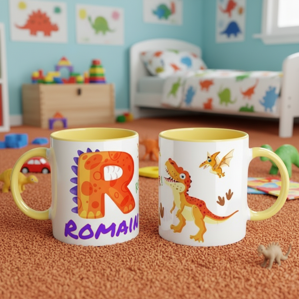 Mug enfant décoré de dinosaures amusants et colorés, présenté dans une chambre avec jouets éducatifs, idéal pour boisson chaude ou froide adaptée aux enfants
