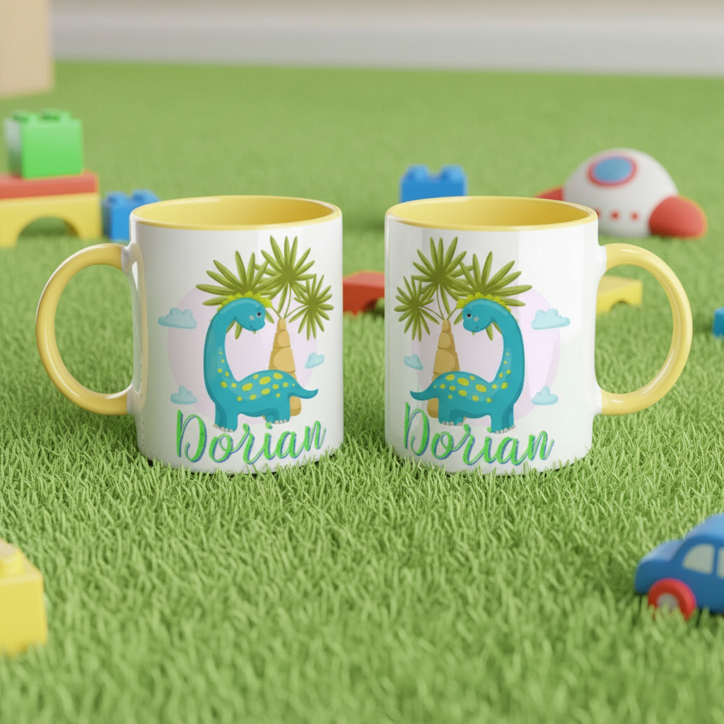 Mug enfant en céramique avec illustration dinosaure colorée posé sur tapis vert